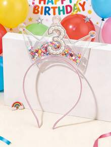 1pc Girls' Crown Birthday Headband, Suitable For 1-5 Years Old, Decorated With Sequins, Pearls And Rhinestones, Sweet Princess Style Hair Accessory, Birthday Party Gift For Girls - Multicolor - View 3