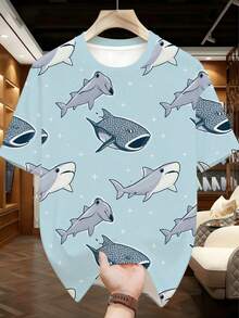 加大码男士睡衣套装 | 圆领短袖上衣和松紧腰休闲短裤，两件套 | 涤纶针织面料，亲肤透气，宽松版型 | 可爱海底世界印花休闲设计 - 霧霾藍 - 查看 2