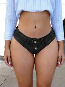 Women's Low Waisted Mini Denim Shorts, Sexy Beach Club Wear - Black - View 2