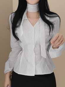 Korean Chic Niche V-Neck Ribbon Waist Versatile Striped Shirt Tops White - White - View 6