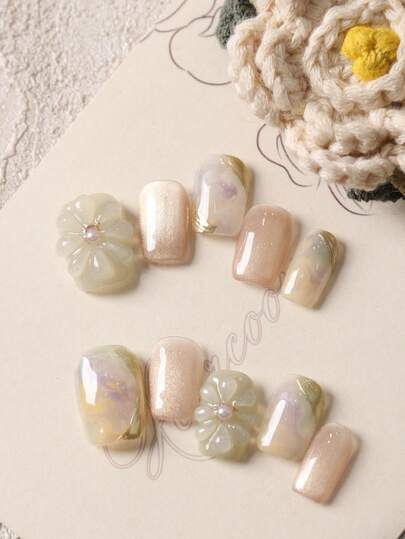 10pcs Press On Nails Light Green Big Flower Light Golden Cat Eyes Press On Nail Supplies Fake Nails Short Office DailyWear False Nails Artificial Nails Kit Includes 1sheet Adhesive Tabs &1 Pc Mini File