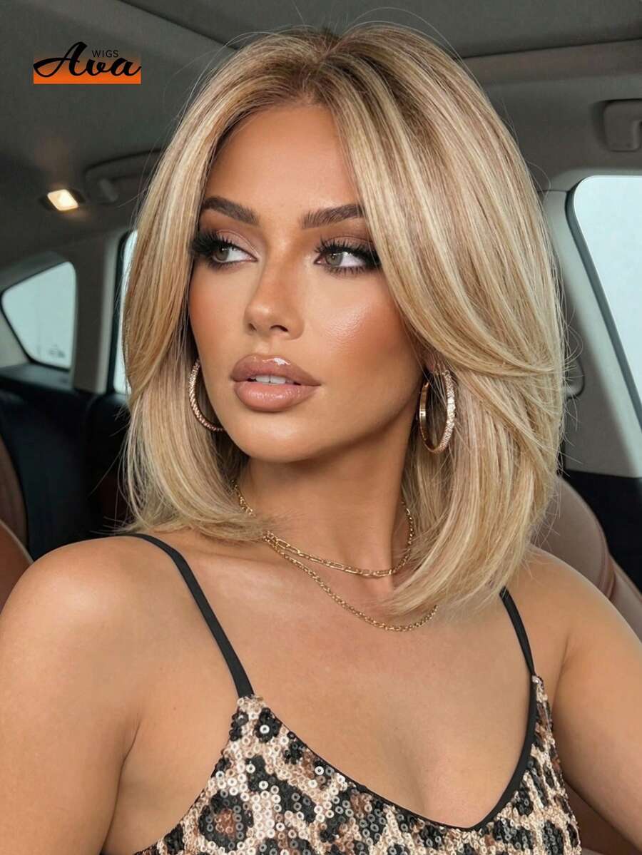 12 Inch Short Straight Wig, Blonde Top With Black Roots, Suitable For Daily Makeup And Parties, Heat Resistant Synthetic Fiber Material - Gold - View 1