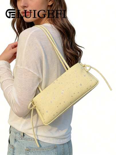 Fashionable Sweet-Style Star-Print Yellow Underarm Bag With A Side-Tie Bow Detail. Zipper Closure Casual Chic Women's Shoulder Tote Bag, Perfect For Everyday Shopping And Casual Wear.