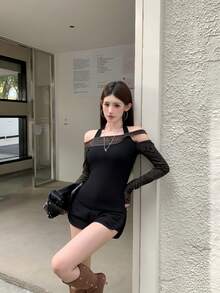 Áo thun dài tay trễ vai phối họa tiết gợi cảm năm 2026 dành cho nữ, họa tiết da báo, kiểu dáng ôm sát, cổ yếm, thích hợp cho mùa xuân/hè. - Đen và nâu - Xem 1