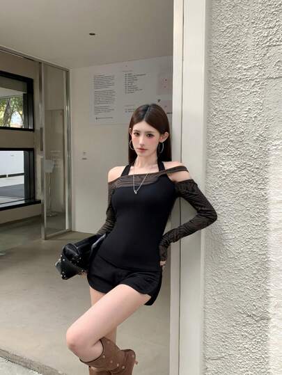 Áo thun dài tay trễ vai phối họa tiết gợi cảm năm 2026 dành cho nữ, họa tiết da báo, kiểu dáng ôm sát, cổ yếm, thích hợp cho mùa xuân/hè.