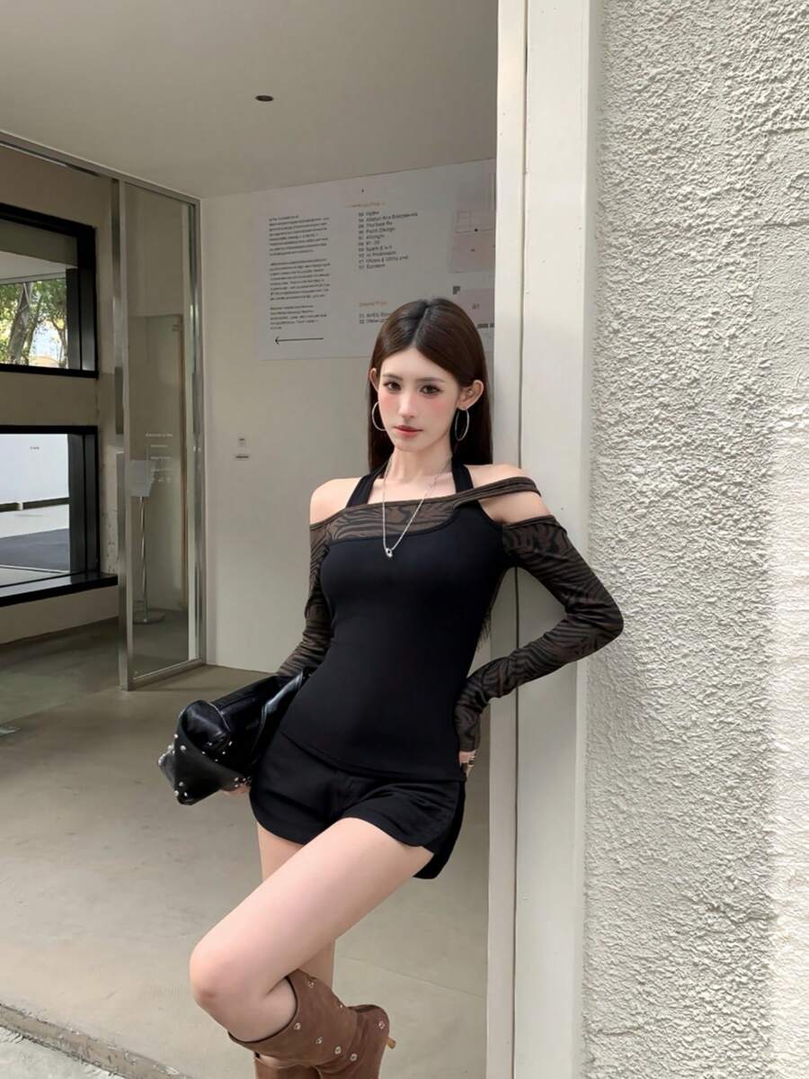 Áo thun dài tay trễ vai phối họa tiết gợi cảm năm 2026 dành cho nữ, họa tiết da báo, kiểu dáng ôm sát, cổ yếm, thích hợp cho mùa xuân/hè. - Đen và nâu - Xem 1