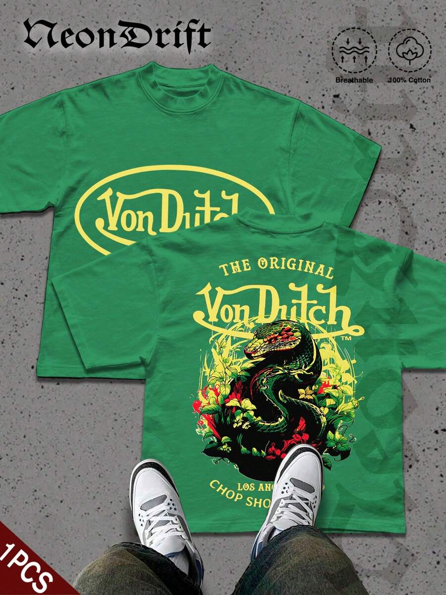 NeonDrift  Double-Sided Printing  Men's T-Shirt Men's Short-Sleeve T-Shirt100% Cotton Fabric Soft & Skin-Friendly Unisex Style Gifts For Spring Festival, Valentine's Day, St. Patrick's Day & World Cup-Van Dutch Dragon Print Men T Shirt Classic Americana Style Graphic Tee Streetwear Fashion Casual Wear For Car Enthusiasts And Vintage Culture Lovers - 綠色 - 查看 1