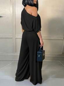ChicMe 女士不对称领口蝙蝠袖高腰连体裤，休闲短袖阔腿连体裤，优雅适合派对和办公场合穿着 - 黑色 - 查看 2