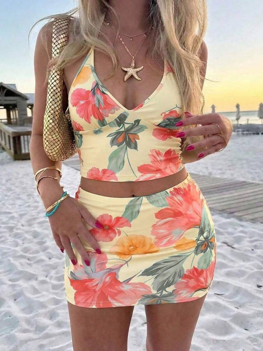 两件套女士可爱性感碎花吊带露脐上衣+紧身迷你裙，休闲度假沙滩装夏季