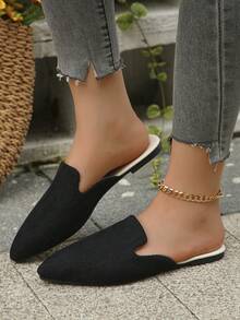 Tallas grandes 35-45 Mules de punta fina de moda, mocasines casuales slip-on para vestidos, zapatos de trabajo cómodos de suela blanda para mujeres, primavera/verano/otoño - Negro (tela de rayas largas) - Ver 3