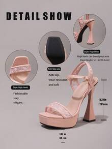Fashionable Lace Embroidered High Heel Sandals, Sexy Party Shoes, Open Toe Square Heel Mules, Pink High Heels For Women - Pink - View 3