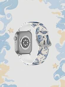 1pc Blue Seashell Strap, Soft Elastic Breathable Comfortable Replacement Watch Band For Apple Watch 38mm 40mm 41mm 45mm 44mm 42mm 49mm, Vacation Beach Seashell Starfish Pattern Holiday Gift Daily Fashion Casual Multi-Color Silicone Watch Band Compatible With Apple Watch Ultra Series S10/SE/9/8/7/6/5/4/3/2/1 Smartwatch Accessories - Multicolor - View 2