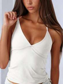 Minimalist Halter Top With V-Neck And Neck Tie - Summer - 白色的 - 查看 4