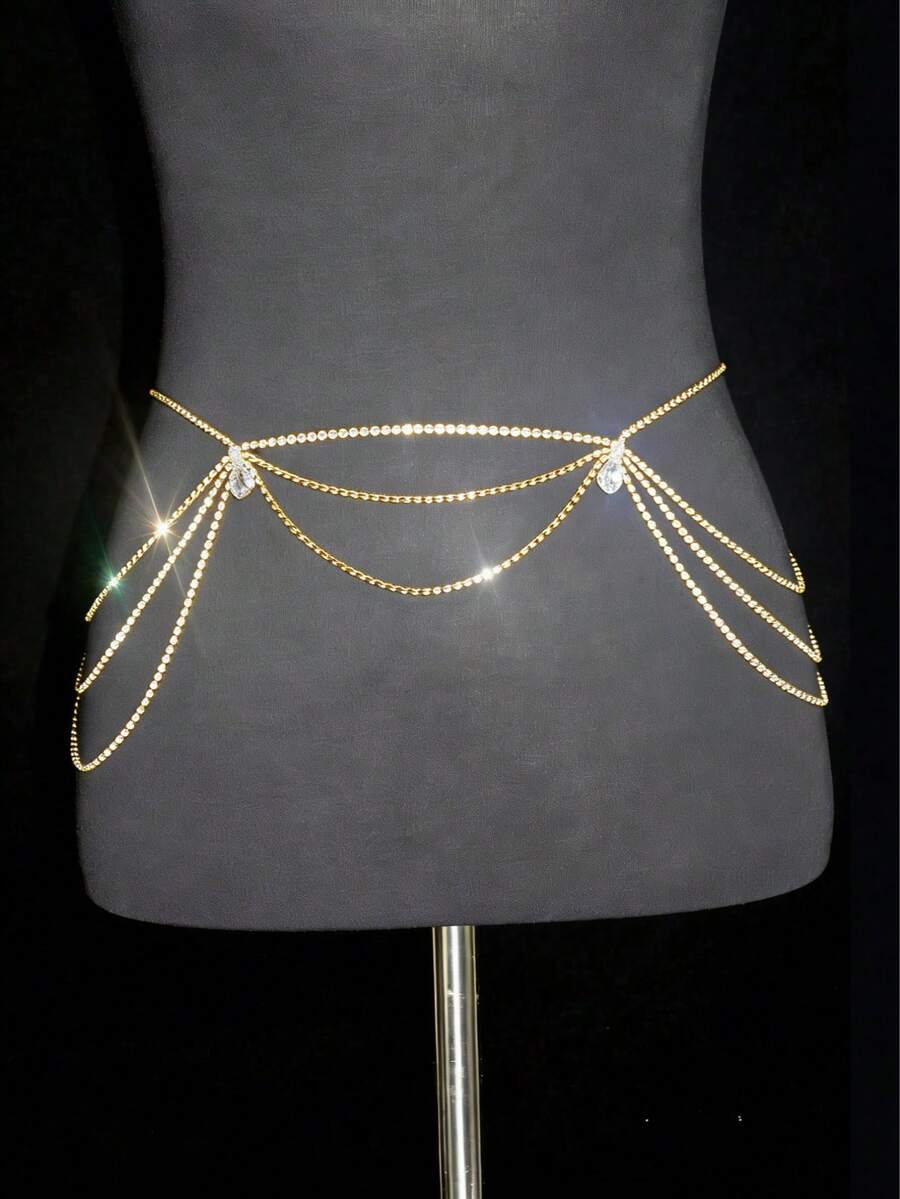 Kalung Pinggang Kristal Bentuk Tetesan Air Elegan untuk Wanita, Cocok untuk Pesta dan Acara Pertunjukan - Emas - View 1