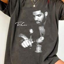 Vintage Drake Take Care Album Graphic Washed Black T-Shirt, Women's Hip Hop Streetwear Crew Neck Tee - màu đen - Xem 6