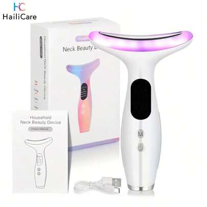 Hailicare Masajeador facial y de cuello con 7 colores de LED, fotón, calefacción y vibración. Dispositivo de belleza facial para reducir el doble mentón. Masajeador facial portátil recargable por USB con pantalla digital, diseño ergonómico para cara y cuello, instrumento de belleza multimodal
