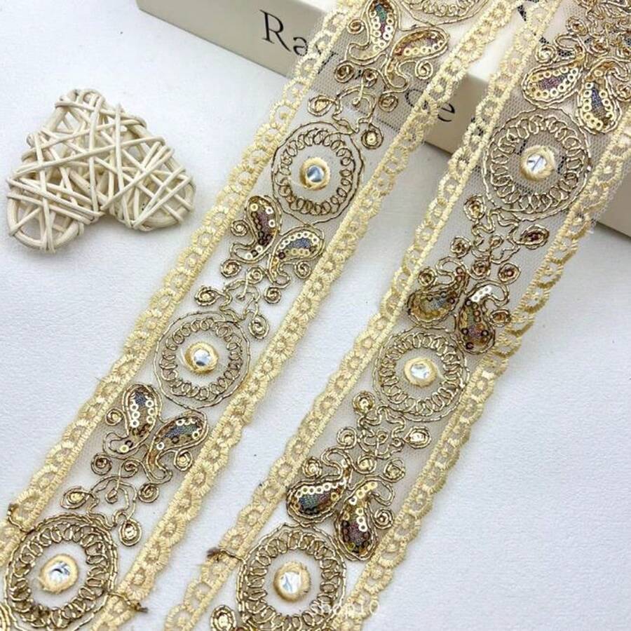 10码亮丽蕾丝花边饰带 - 华丽亮片刺绣,蕾丝滚边,适用于DIY工艺品、服装和家居装饰配件 - 完美增添优雅和精致感 - A - 查看 1