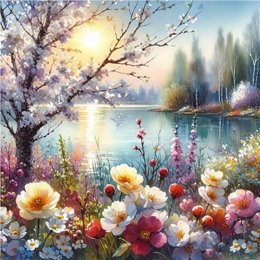 1 Set 5D DIY Creative Diamond Painting Kit, Immerse Yourself In The Captivating Diamond Painting World: Lake, Spring Flowers, Trees Patterns. Full Round Diamond Embroidery, Acrylic (PMMA) Mosaic Embroidery Art Canvas, Suitable For Decorating Living Room And Bedroom, Presenting A Charming Scene. - round diamond - View 1