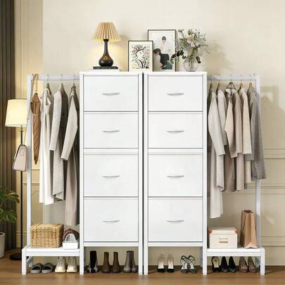 Dresser With Hanging Rack, 4 Drawers Small Closet For Bedroom, Reversible Fabric Kids Chest Of Drawers With Clothes Rack, Tall Storage Tower, Sturdy Frame