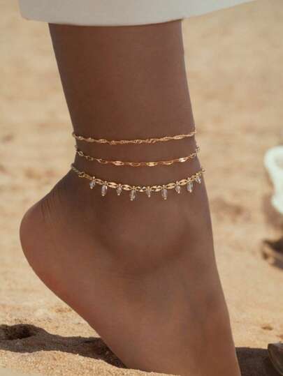 3件套简约金色金属脚链，时尚闪亮水晶手工链条首饰套装，适合女性日常佩戴、装饰、海滩、旅行和约会。