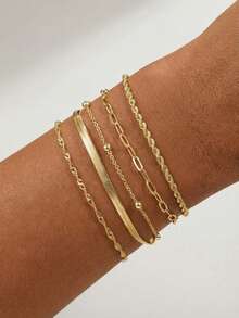 5pcs Set Fashionable Minimalist Flat Snake Chain & Twisted Chain Bracelet Set, Suitable For Women's Daily Wear, Gift - Gold - View 1