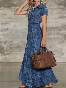 Elegant Paisley Pattern Twist Zipper Pocket Plus Size Women's Solid Color Fitted Waist Flared Dress Summer - Blue - View 6