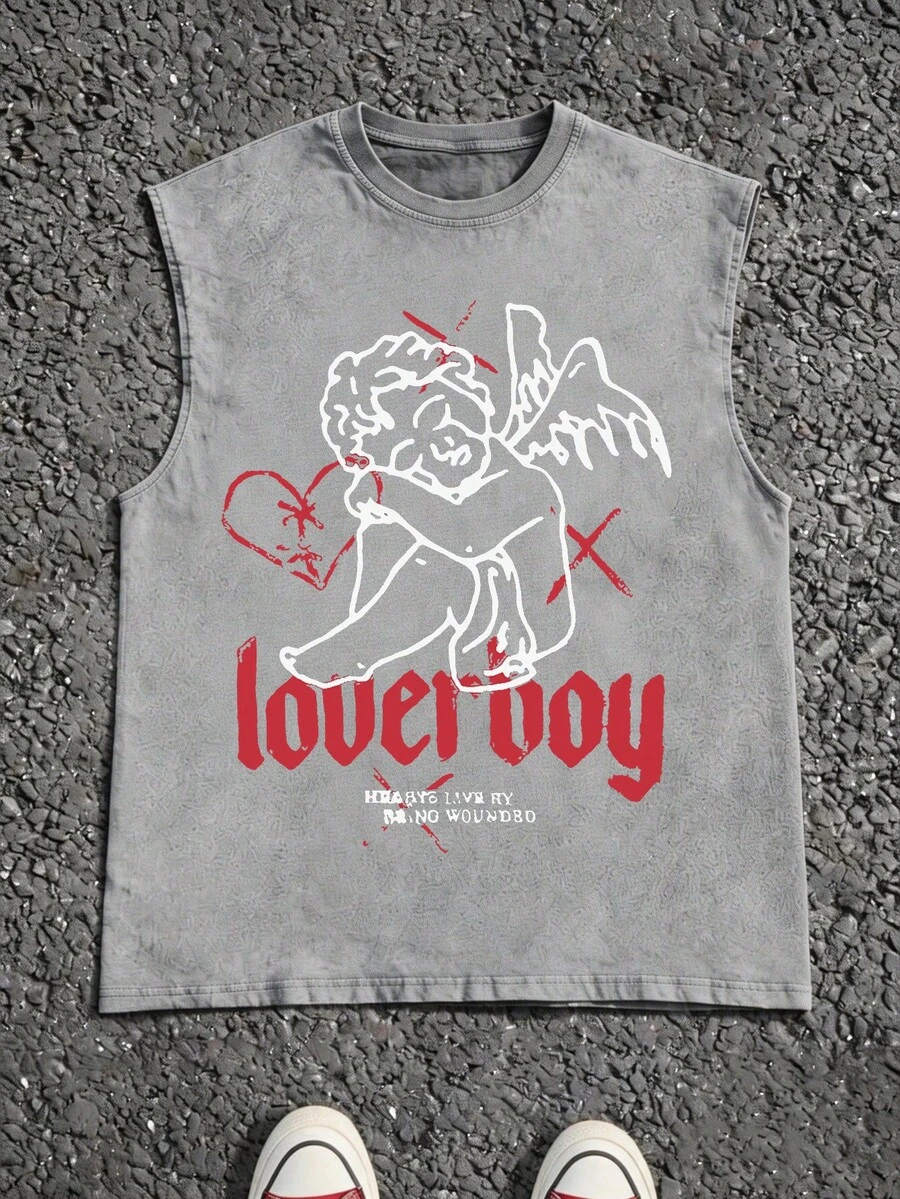 Men's Casual Crew Neck Sleeveless Washed Vest, Made Of 100% Cotton, Perfect For Summer Vacations. Features A Stylish Print And Y2K Street Style. - 灰色 - 查看 1