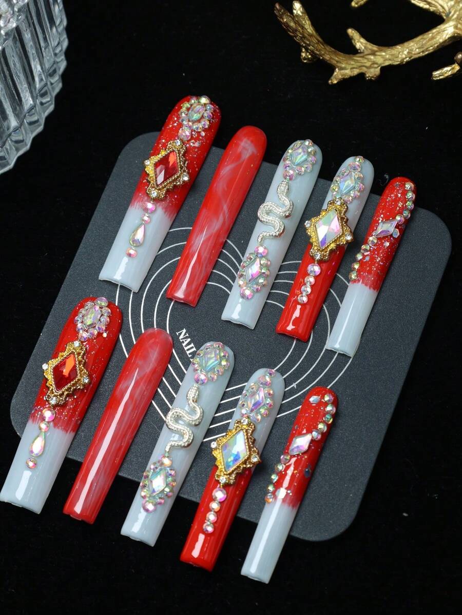 CrystalHola Handmade Coffin-Shaped Nails, Y2K Style Nails, Spring/Summer, Red & White Color With Rhinestones, Metallic Snakes, Ombre, French Tips, Pure Handmade Nails. Suitable For Women And Girls. 10 Pieces/Set, 3 Sizes. Fits Parties, Weddings, And Daily Wear. Includes Tools. Great Gift For Ladies' Nail Supplies. - Multicolor - View 1