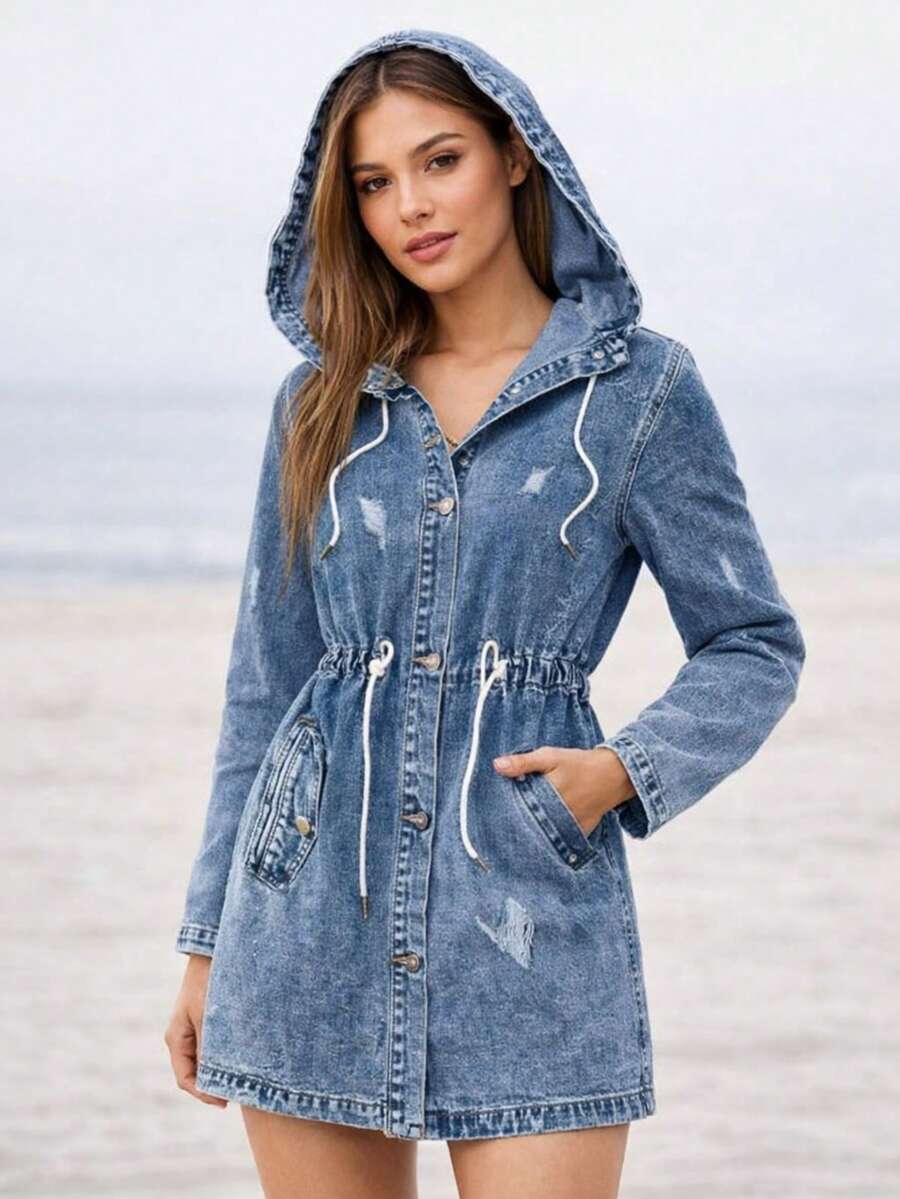 Denim Jacket With Hood, Denim Jacket With Drawstring Waist, Button Closure, 2 Pockets, Buttoned Cuffs, Straight Cut, Mid-Thigh Length, Casual, Spring/Summer - Blue - View 1
