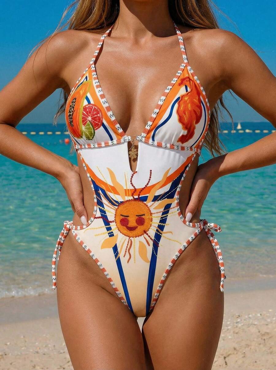 Sultry Sol Traje de baño de una pieza con estampado de frutas y elementos oceánicos para mujer, novedad 2026, para verano, vacaciones en la playa, fiestas en la playa, vacaciones de verano - Naranja - Ver 1