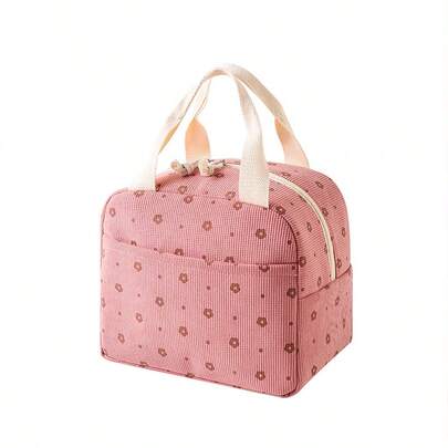 1pc Floral Print Corduroy Lunch Bag, Insulated Lunch Box, Waterproof Portable Lunch Tote Bag, Cute Pink Lunch Bag & Ice Pack
