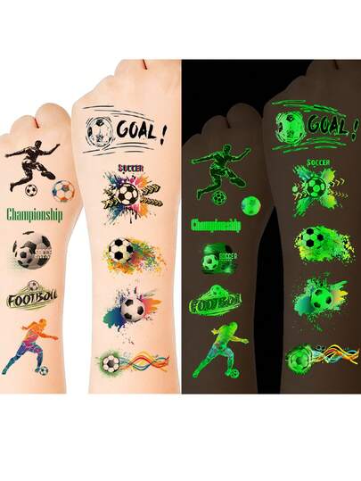 10 piezas de tatuajes temporales de fútbol que brillan en la oscuridad, favoritos para los fanáticos del fútbol, tatuajes temporales realistas impermeables y de larga duración para festivales de música