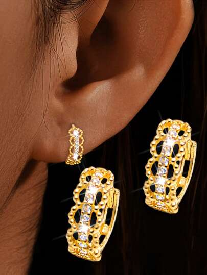 1 Par de Brincos da Moda Feminina, Brincos de Argola de Zircônia Cúbica Oca de Prata 925, Brincos Minimalistas Elegantes e Versáteis, Adequados para Uso Diário, Presentes, Férias, Dia dos Namorados, Baixa Alergia