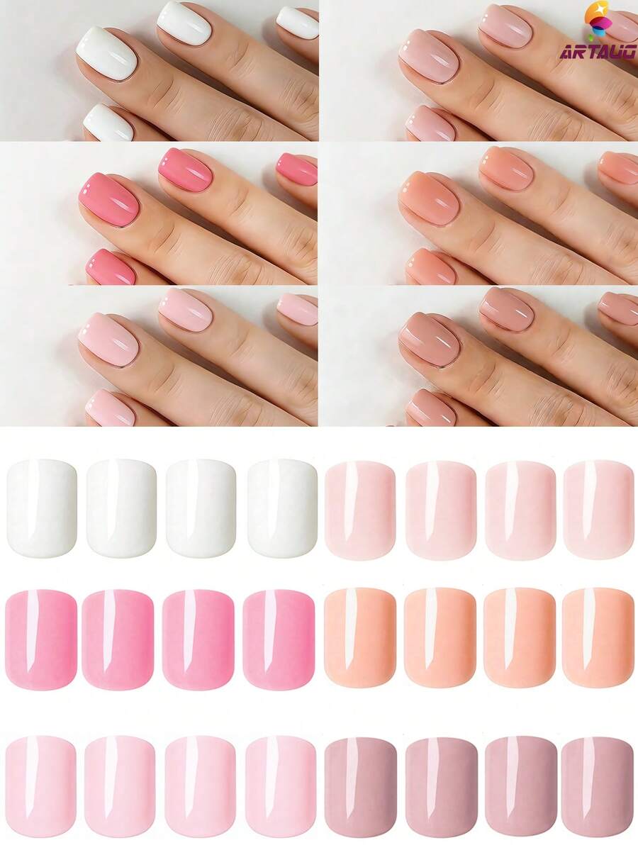 ARTAUG 144pcs Assorted Nude Glossy Wearable Short Square Fake Nails, Cute Artificial Nails Gift For Women & Girls
