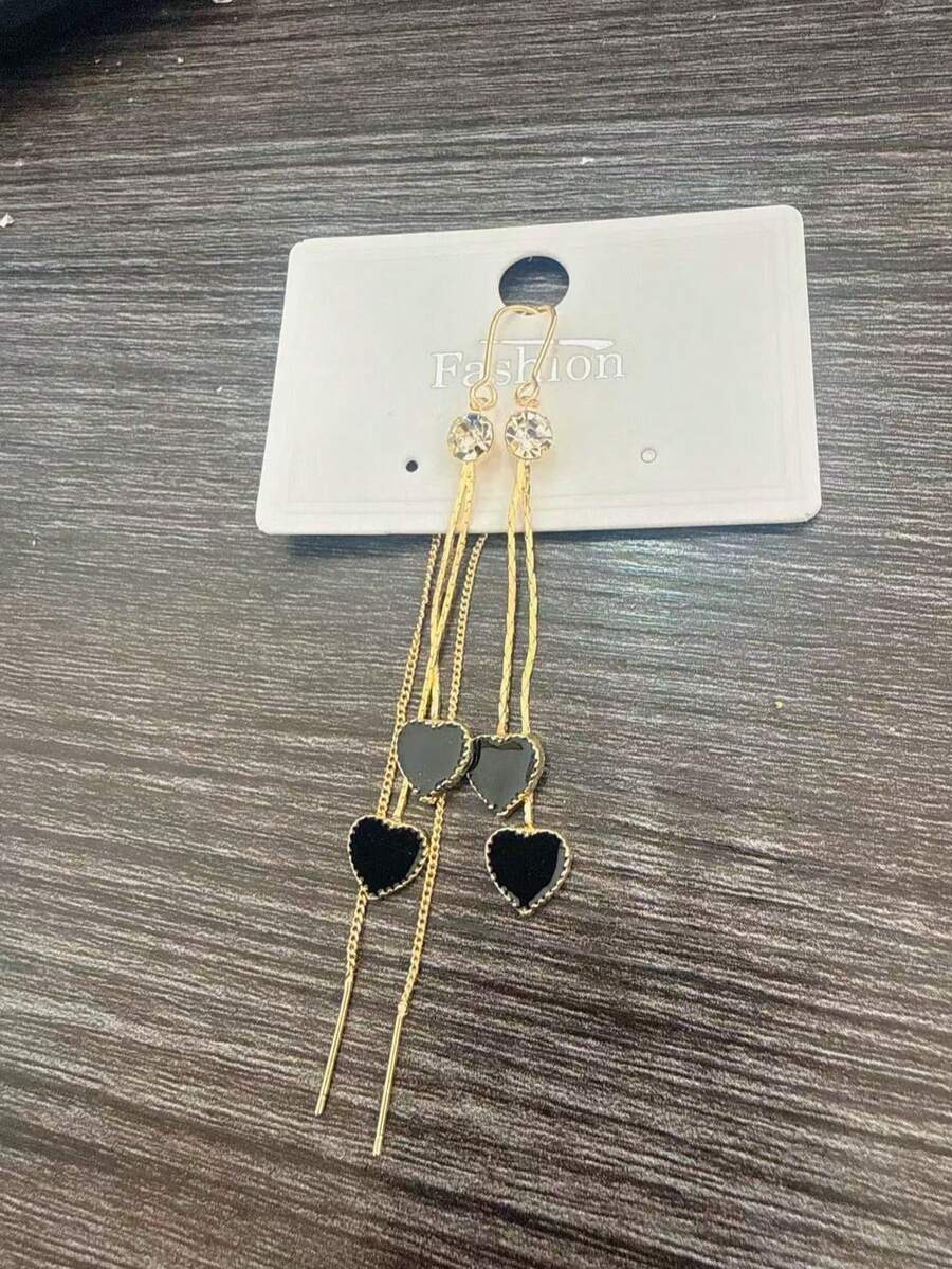 一对欧美新款黑色心形流苏耳环，优雅奢华百搭耳环 - 彩色 - 查看 1