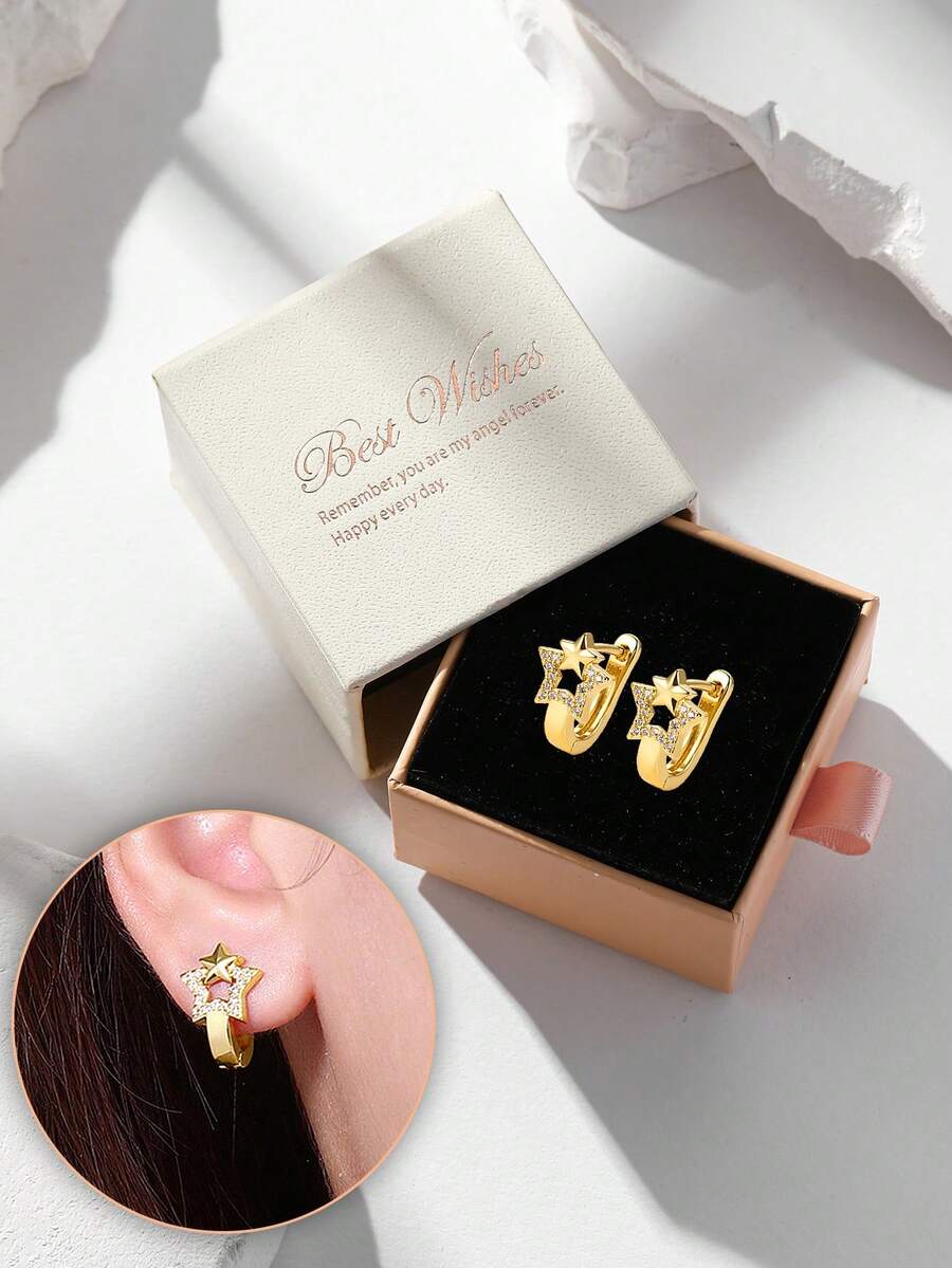1 Pair Gold-Tone Star & Moon Dangle Earrings With Pave Zirconia Stones, Celestial Theme Jewelry, For Party & Daily Wear, Suitable As Holiday Gift - Gold - View 1