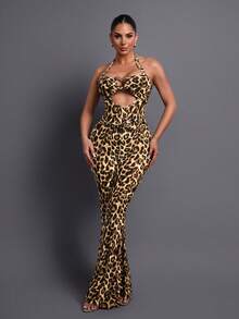 Leopard Print Backless Jumpsuit, Elegant High-End Party Outfit, Flared Leg Design Suitable For Banquet, Fashion Photography, Romantic Evening Gala, Sophisticated Gathering Spring Wedding - Brown - View 2
