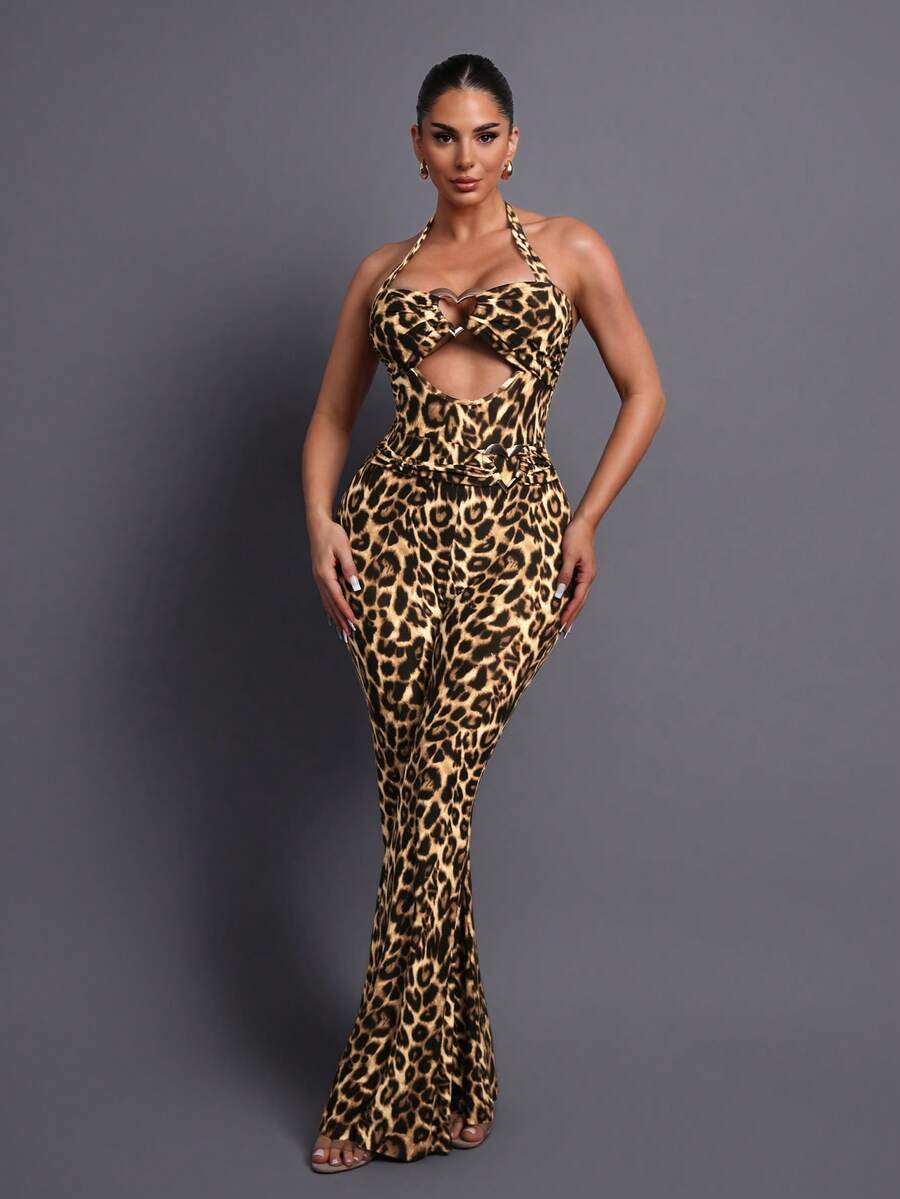 Leopard Print Backless Jumpsuit, Elegant High-End Party Outfit, Flared Leg Design Suitable For Banquet, Fashion Photography, Romantic Evening Gala, Sophisticated Gathering Spring Wedding