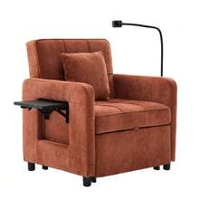 Two-In-One Sleeper Chair, Single Sleeper Sofa, Chenille Armchair (With Cushions And Side Pockets), With A Small Table On One Side And A Storage Bag On The Other, Complete - 橘色 - 查看 8