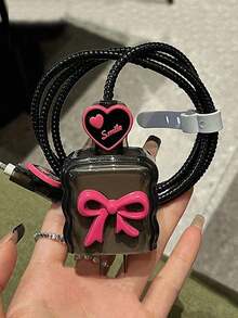 5件套透明酒红色蝴蝶结TPU保护壳，兼容苹果15W/20W充电器，适用于 14/13 Pro Max快充 - 彩色 - 查看 2