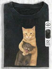 1 PcsInteresting Cat Print Short Sleeve T-Shirt, Unique Small Batch Design Women's Top, Washed Cotton T-Shirt, Casual Women's Clothing, Snowflake Pattern Fabric, Regular Fit Comfortable Round Neck Casual Top, Vintage Distressed T-Shirt, Regular Fit Women's Clothing, Spring/Summer Apparel210g 100% Cotton,The Patterns Are All Printed. Unisex. - Đen 2 - Xem 1
