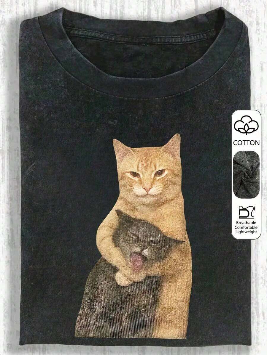 1 PcsInteresting Cat Print Short Sleeve T-Shirt, Unique Small Batch Design Women's Top, Washed Cotton T-Shirt, Casual Women's Clothing, Snowflake Pattern Fabric, Regular Fit Comfortable Round Neck Casual Top, Vintage Distressed T-Shirt, Regular Fit Women's Clothing, Spring/Summer Apparel210g 100% Cotton,The Patterns Are All Printed. Unisex. - Đen 2 - Xem 1