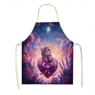 梦幻星空小猫图案围裙，1件装，适用于厨房、客厅、餐厅、酒店、户外烧烤等多种场合，100%涤纶材质，轻便透气，可机洗。