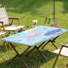 1pc Water-Resistant Outdoor Tablecloth With Elastic Edge - Ideal For Camping, Picnics And Garden Parties - Polyester Fabric With Gold Painting Sunflower Grass Tree Leaf Pattern Print, Suitable For Party And Outdoor Decor, Dining Table Decoration, Outdoor Decor, Decorations, Daily Decor - B - View 9