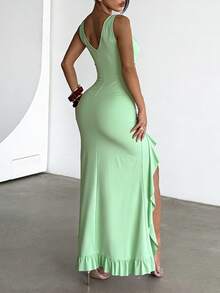 Onicee Women's Fashionable V-Neck Ruffle Hem Split Hem Dress, Autumn - Green - View 2