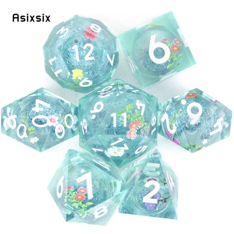 Asixsix 7 Pcs Blue Flowing Sand White Number Sharp Edge Resin Dice Polyhedral Dice Suitable For Role-Playing RPG Board Game - Apricot - View 1