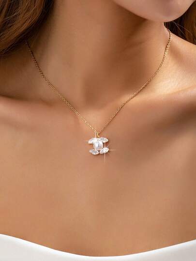 1 Mặt dây chuyền hình bầu dục tối giản đính đá CZ cho nữ, mạ vàng, mặt dây chuyền hình hoa đính đá - Trang sức thời trang cô dâu, dự tiệc