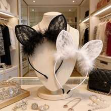 3pcs/Set Soft Lace Cat Ear Headband, 3 Colors Available, Suitable For Daily Wear And Festivals, Women's Lace Cat Ear Headband, Wedding Party & Cosplay Accessories, Elegant Fluffy Cat Ear Headpiece In Black, Red And White Lace, Photo Shoot Props, Lace Trim Cat Ear Headband With Feather Decor - View 4