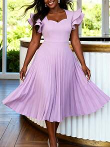 AOMEI Women's Elegant Purple Pleated A-Line Dress, Heart-Shaped Neckline, Layered Ruffle Sleeves, Mid-Length, Suitable For Wedding Guests, Parties, And Formal Events - Lilac Purple - View 7