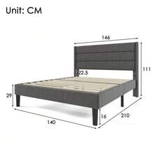 Upholstered Bed 140 X 200 Cm, Bed Frame With Slatted Base And Headboard, Double Upholstered Bed, Dark Grey Linen Cover, Timeless Modern Design, Children's Bed - Grey - View 2
